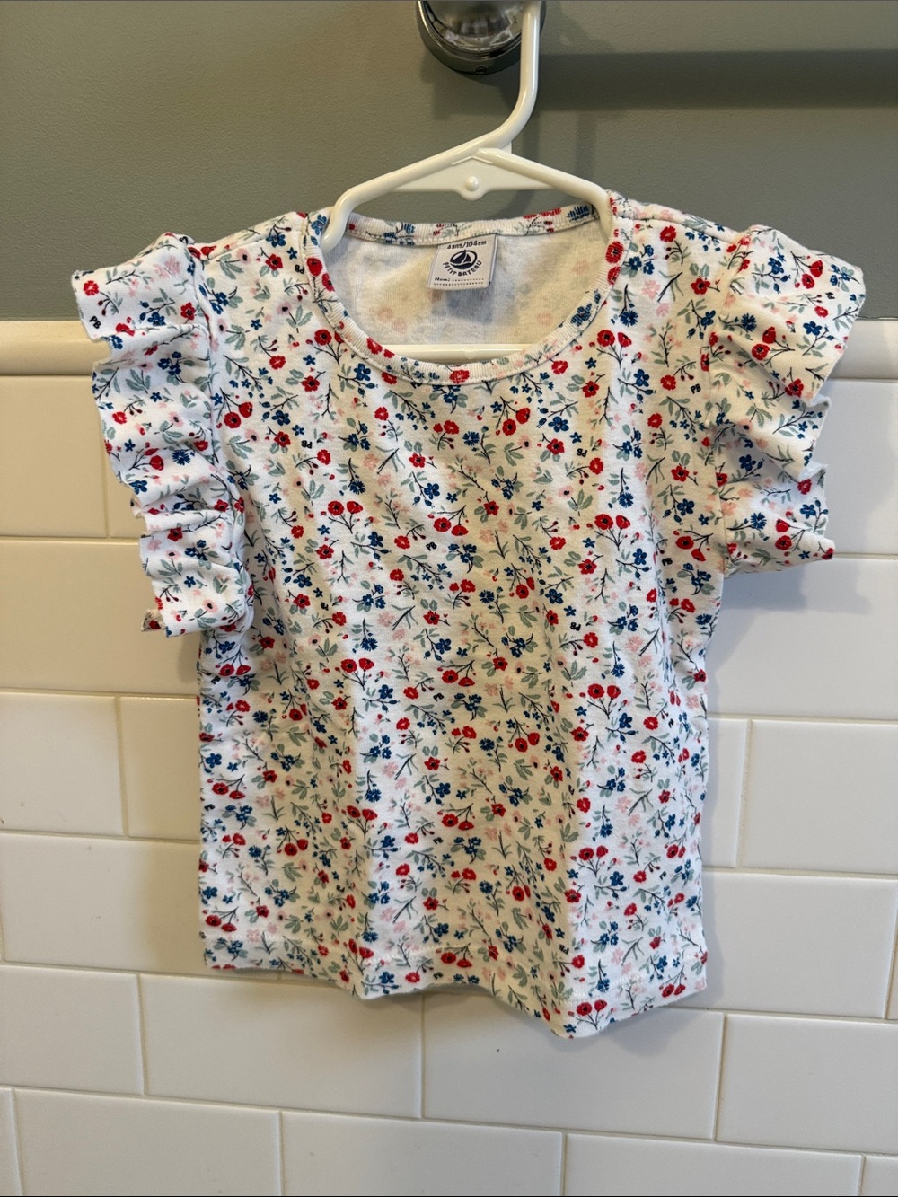 Petit Bateau Girls White Floral Ruffle Sleeve Tee 4 years (104 cm)